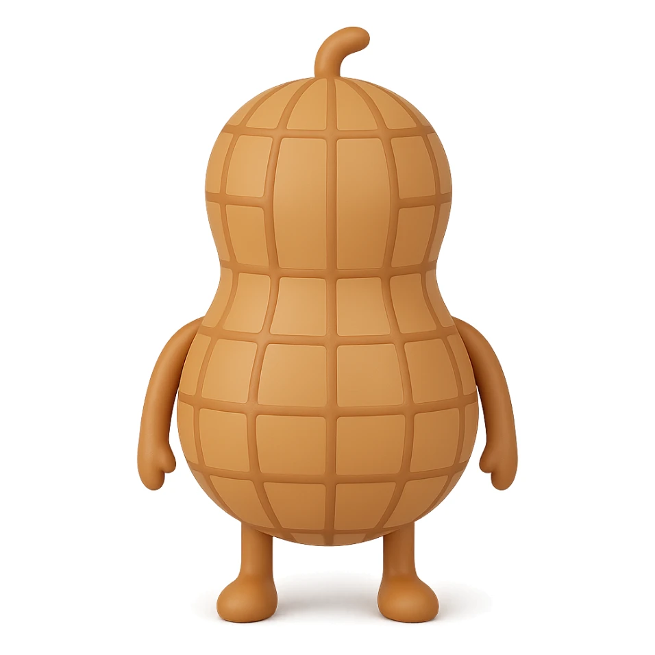 Add tiny arms and legs to the 3D peanut character with a cartoon-style shell, keep it cute and with no facial expression, maintain transparent background. The style should resemble a cute 3D cartoon peanut with a smooth shell texture and no facial features. sticker