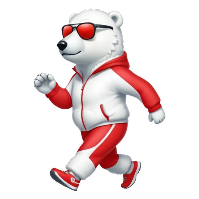 friendly anthropomorphised polar bear jogging upright, wearing bright red tracksuit and dark sunglasses sticker