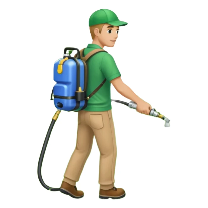man with a emerald green shirt and tan pants on with backpack chemical sprayer on his back with the hose in his hand pointed downwards at bright green grass sticker