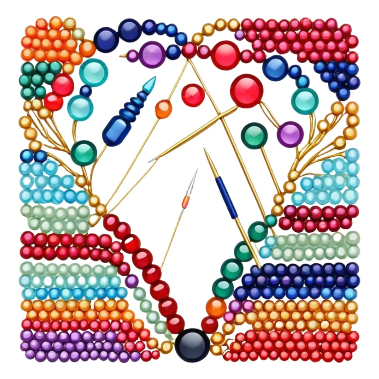 Create a harmonious and well-composed icon that represents the hobby of beadwork. The design should feature colorful beads, thread, and a beading needle or tool in a balanced arrangement. The elements should flow naturally, reflecting the creativity and precision of the craft. Ensure the composition is clean and aesthetically pleasing, with vibrant yet balanced colors. The background should be transparent. sticker