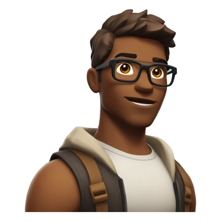  A tall, bespectacled, muscular and strong young man, deep-set eyes, round face, with dark brown hair and a brown skin tone, portrayed in the style of a Fortnite character rederend in the style of a fortnite character sticker