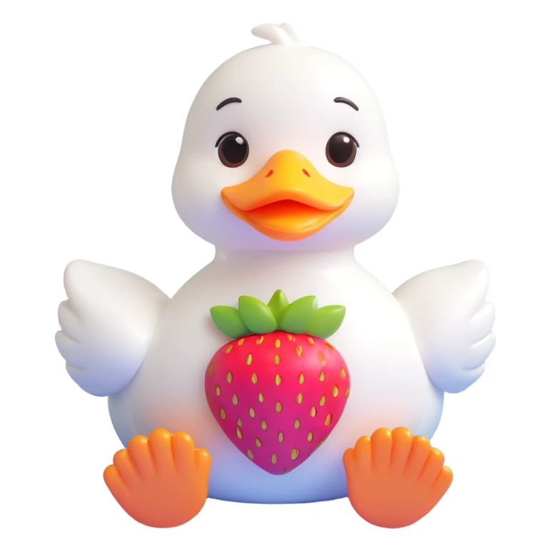 cute white duck with a strawberry-shaped shoulder bag, kawaii 3D style, pastel colors, big shiny eyes, soft lighting, iOS 18, duck sitting down sticker