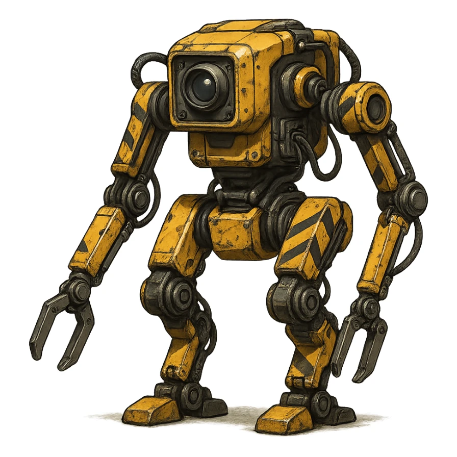 worker drone, industrial robot, yellow and black hazard stripes, mechanical arms, utilitarian design sticker