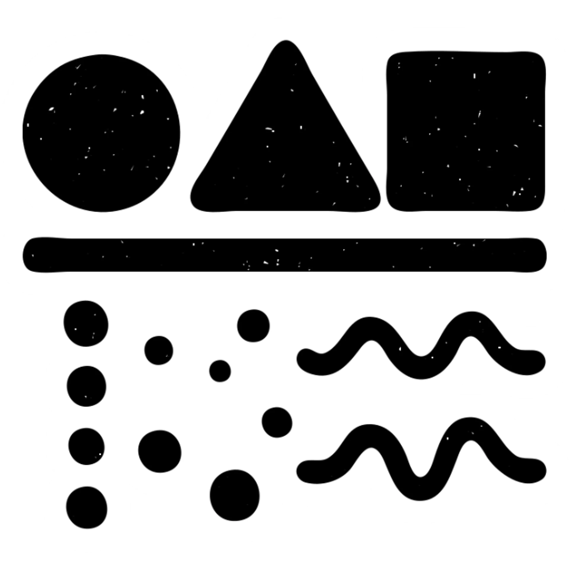 abstract minimalist solid icon of geometric shapes below a horizontal line, with abstract data streams of lines, dots, or waves, worn and distressed effect sticker