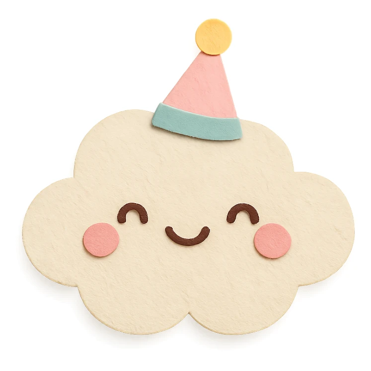 kawaii cute cloud, wearing tiny party hat, smiling, soft pastel colors, no limbs, full body, paper craft style sticker