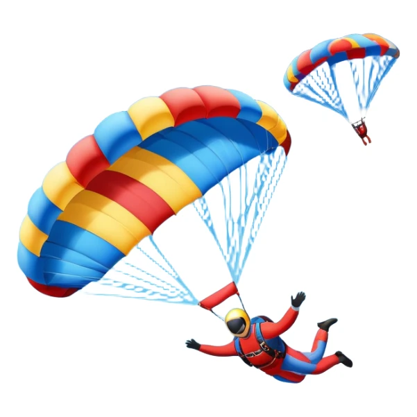 A skydiver free-falling through the sky, with a brightly colored parachute open above them. The background features a vast blue sky dotted with fluffy clouds, birds soaring nearby, and a plane flying off in the distance, emphasizing the thrill and freedom of the sport. sticker