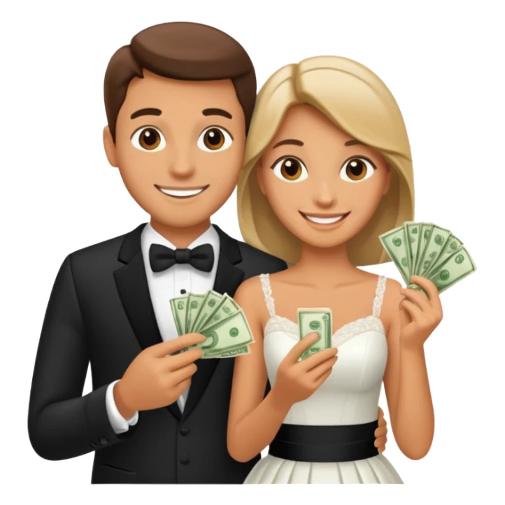 a newlywed couple holding money sticker