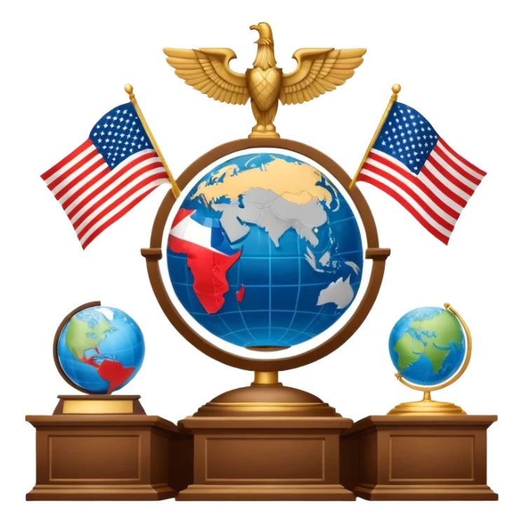 icon featuring podium with a speaker, russian and american flags, and voting ballots. The design includes a globe and scales of justice in the background, representing governance, global affairs, and political theory. Transparent background emphasizes civic engagement and policy. sticker