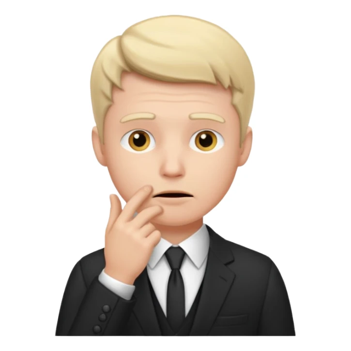 white man in formal suit thinking hard, hand to mouth sticker