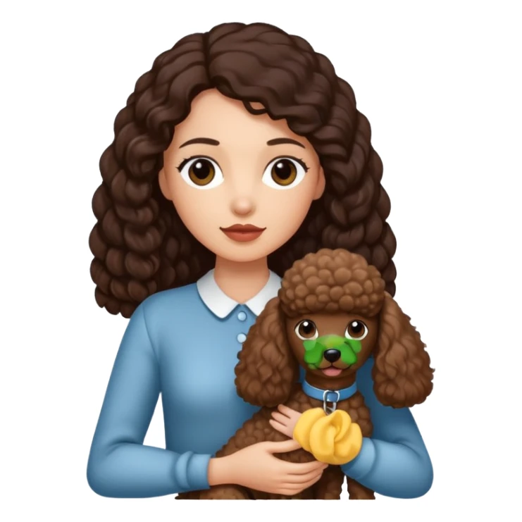 woman with long dark brown hair holding a poodle sticker