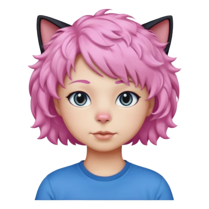 a Black cat wearing a short curly pink hair wig, blue T-shirt sticker