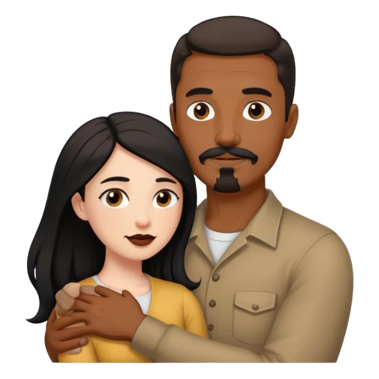 Tall man with brown mustache and goatee hugging a short pale woman with long black hair sticker