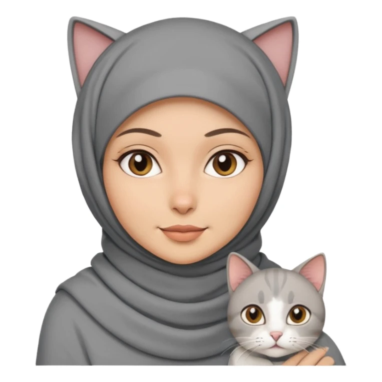 wanita berhijab warna abu abu dengan 1 kucing sticker