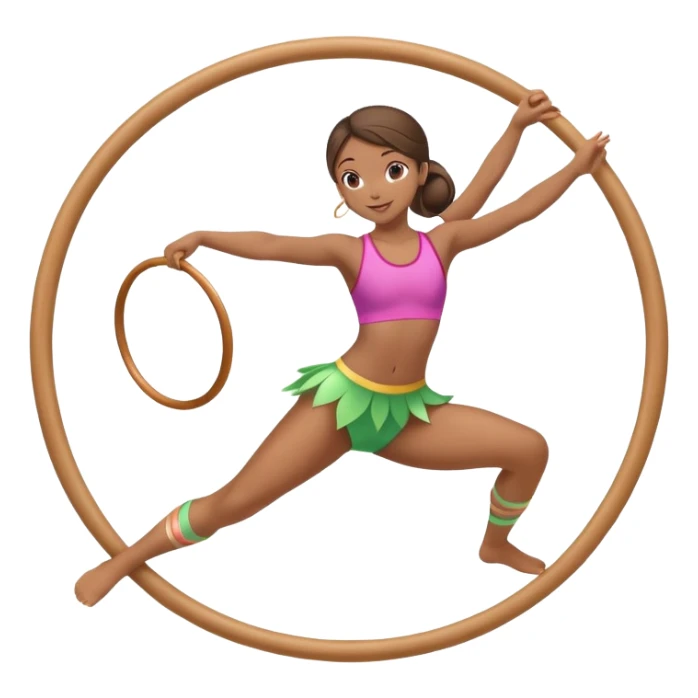 An energetic gymnast performing aerobics with a hula hoop. The gymnast is spinning the hoop around their waist in an elegant pose. The background is a lively fitness studio with colorful lights and an active atmosphere, showcasing movement and grace. sticker