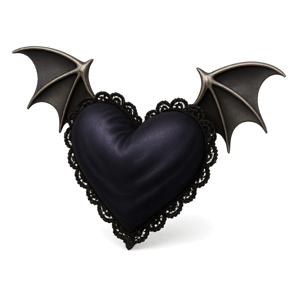 gothic heart in 3D black style, deep indigo silk texture, silver bat wings, black lace trim, mysterious and elegant sticker
