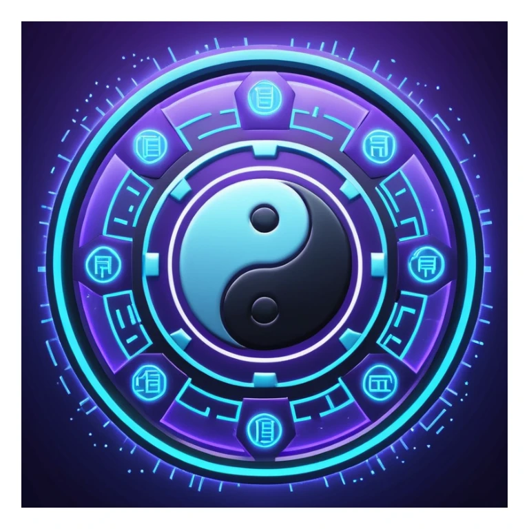 制造几张八卦图 要有时髦感 现代感 科技感 抛开传统感觉"Quantum tech BaGua diagram, yin-yang as flowing particles in neon blue and violet, surrounded by glowing hexagrams in cyberpunk style, holographic interface background with binary code floating, ultra-detailed 8K render --ar 16:9 --v 6" sticker