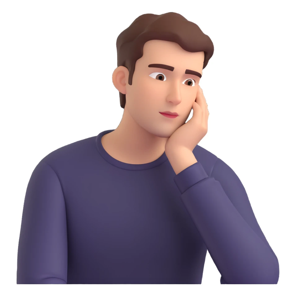 front-facing emoji-style illustration of a pensive man with one hand under his chin, looking off to the side, deep thought and curiosity, neutral or slightly serious expression, clean background sticker