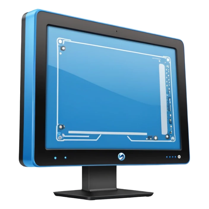 a side profile view of the back of a Black and blue and white PC screen, back facing forward  sticker