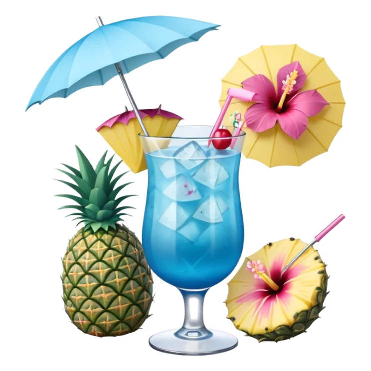 blue tropical cocktail with hibiscus, pineapple, and tiny pastel paper umbrella garnishes sticker