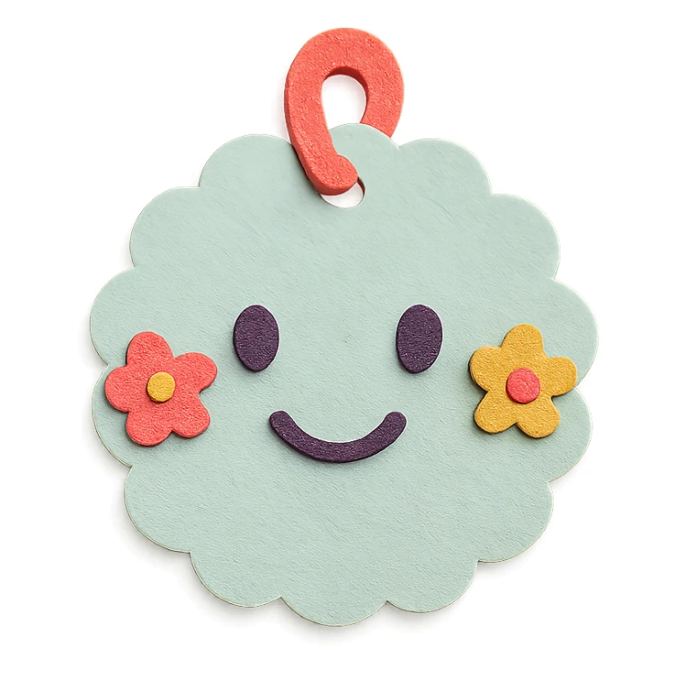 soft pastel round scalloped tag sticker with tiny flowers, paper craft style, with a smiling face accent sticker