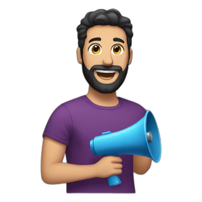 a white man with a black beard, holding a red megaphone next to his mouth, he wears a purple tshirt, smiling,he has a modern haircut sticker