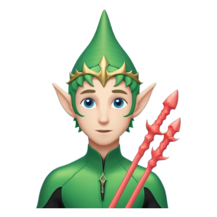 male elf in iridescent wetsuit, coral staff. Gills on neck sticker