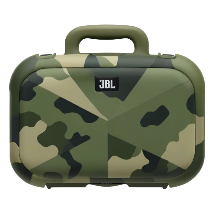 Extremely minimalist JBL Clip 4, basic geometric shape with just 2-3 green camouflage spots, iOS emoji style sticker