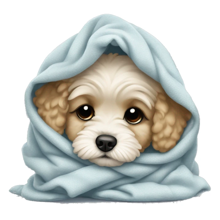 really sad and crying maltipoo puppy in blanket cuddled up sticker