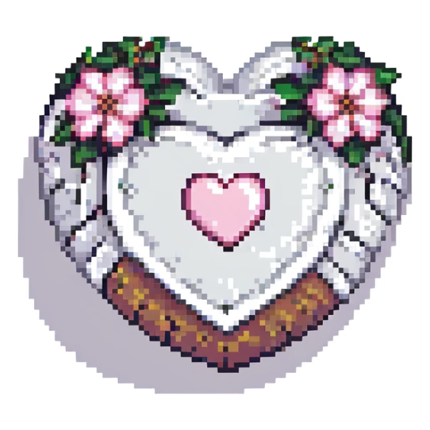 Make the silver accents and details extremely prominent and abundant on the heart with sakura, pixel art style, no background. sticker