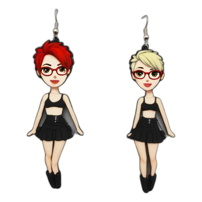 Punk female earrings glasses,red and black short hair, sticker