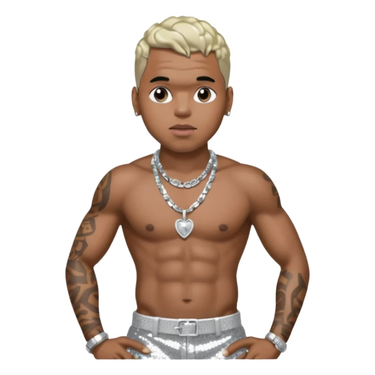 Chris Brown with silver sequin baggy pants, shirtless with necklace sticker