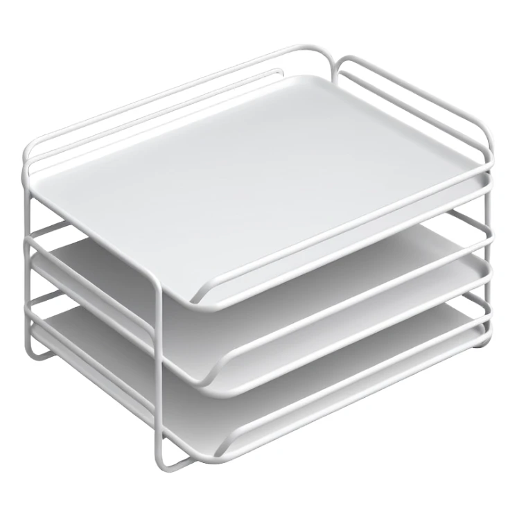 A minimal, clean emoji-style illustration of a white metal desk paper organizer tray, shown in slight isometric view so its structure is readable at a small scale. The organizer is rectangular with rounded corners, made of thin white metal wires, forming two to three stacked horizontal slots.
 sticker