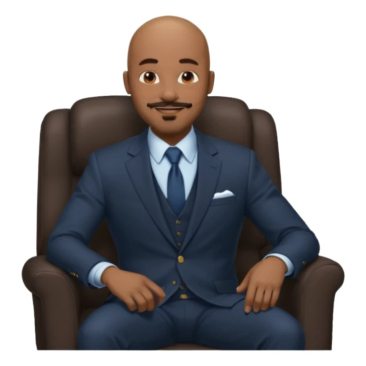 Black man, bald, in a suit, sitting on a chair in the office, goatee mustache sticker