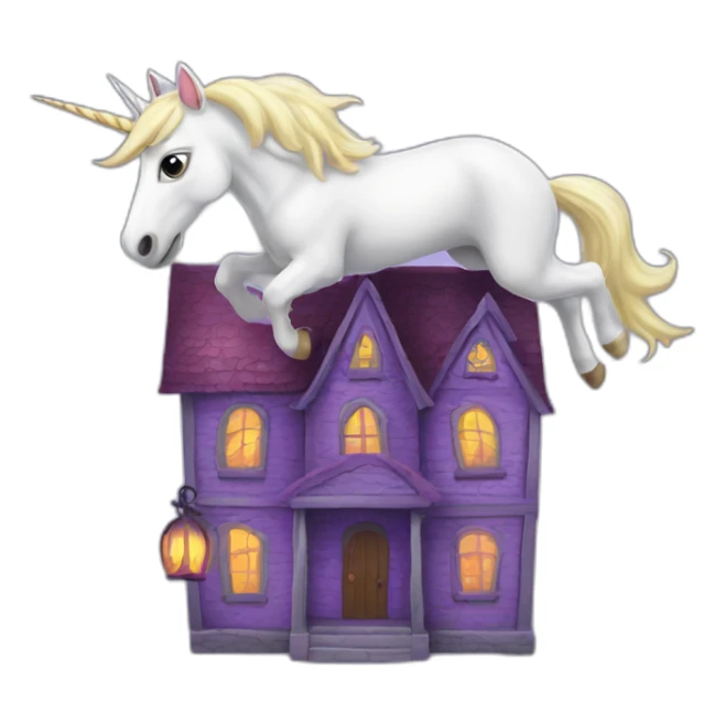 unicorn flying in a haunted house sticker