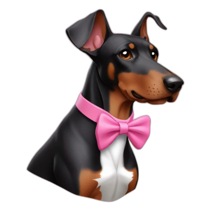 3 doberman one white with pink bow tie on the neck one black one brown sticker