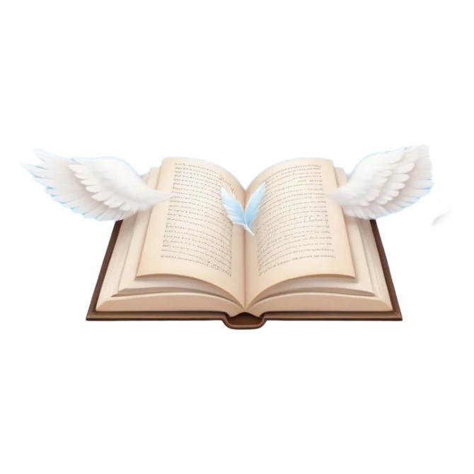 Create a dreamy, poetic emoji representing poetry. The design should feature several elegantly flying pages with poetic lines written on them, surrounded by fluffy, soft clouds. White birds should be flying out from the clouds, creating a sense of freedom and inspiration. The pages and a white feather should symbolize creativity and poetic flow. Use pastel tones like light blues, purples, and creams for the pages and background, while the clouds should be soft and ethereal. The overall design should feel whimsical, serene, and full of poetic charm. Make the background transparent. sticker