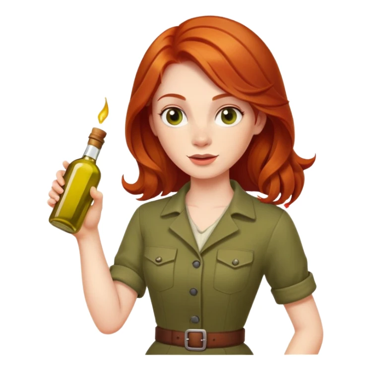 redhead person holding olive oil bottle like a pistol, playful pose sticker