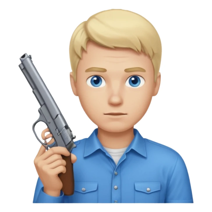 A blonde guy with blue eyes and blue shirt holding a gun sticker
