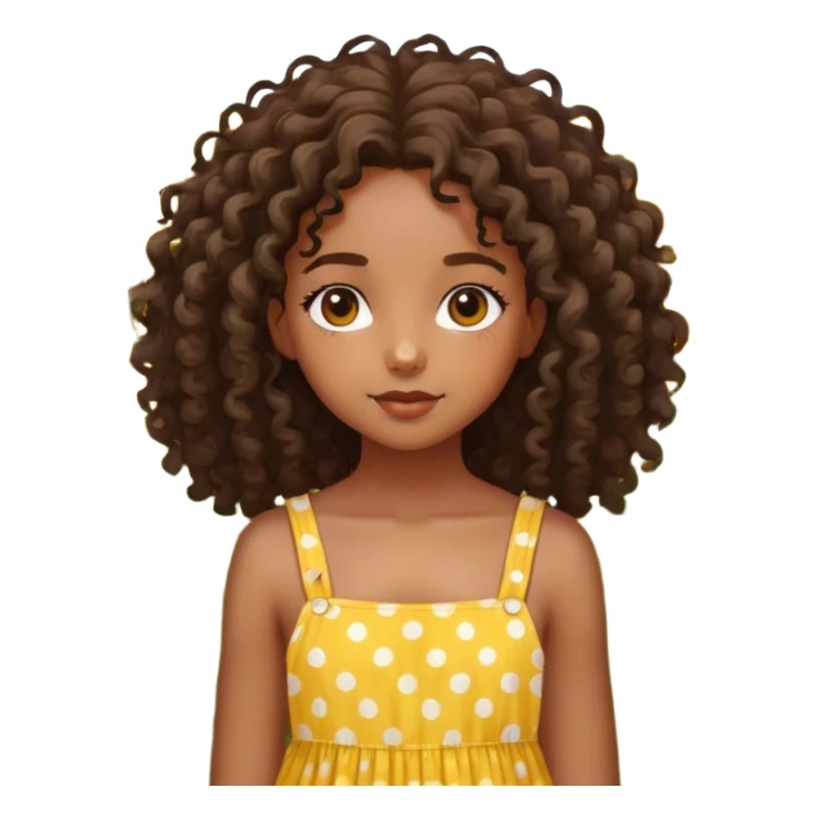 Create an image of a young Black girl with beautiful features. She has curly hair cascading down her shoulders and striking, large hazel eyes. She is wearing a yellow sundress with white polka dots. She is standing in a field full of sunflowers sticker