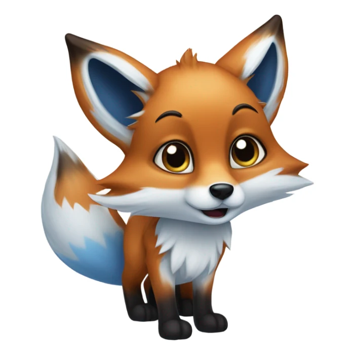 An anthropomorphic fox with blue fur. It has large ears with white insides and brown tips. The character's eyes are large, black, and very expressive. There are two white spots on its forehead. The nose is black, and the lower part of its face is white. The character looks cartoonish. sticker