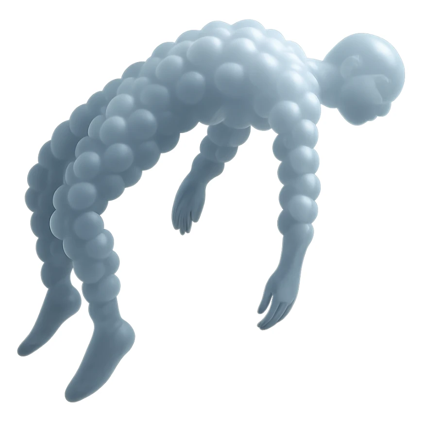 A person made of very small white fluffy clouds in matte glass style, no background and no shadows, unconscious: side view, arms, legs, and head hanging freely down, torso center being pulled up, lifeless pose as if being lifted by the middle of the body. sticker