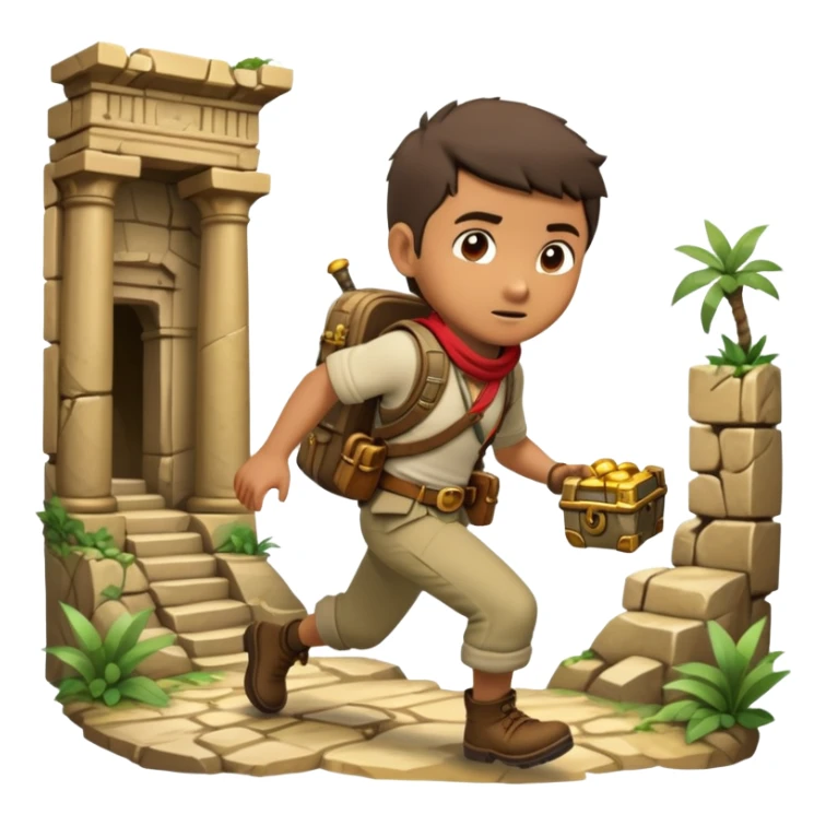an adventure game, inspired by Uncharted-2. The design features a rugged explorer navigating through ancient ruins, with treasure and obstacles in the background. A dynamic environment with jungle, cliffs, and puzzles highlights the thrill of discovery and action. Transparent background. sticker