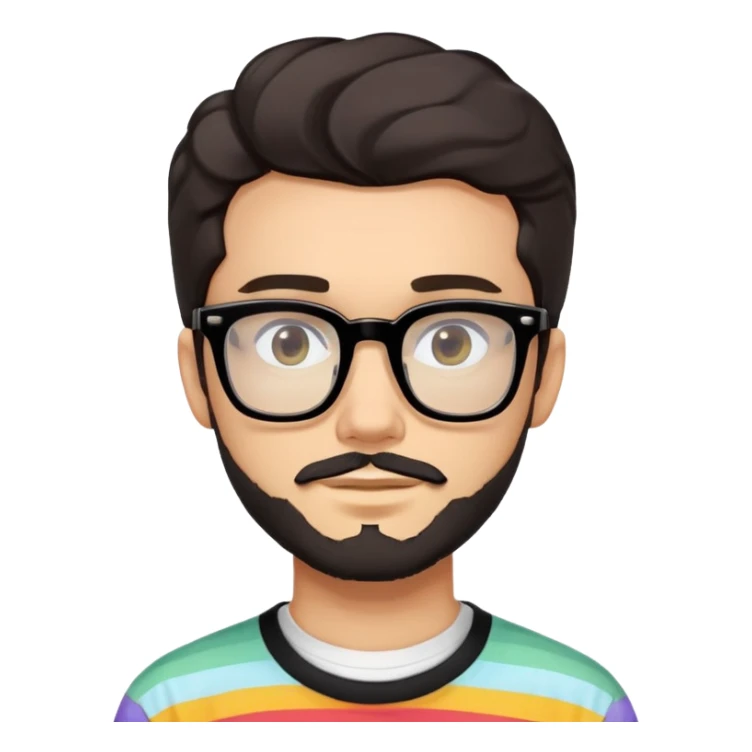 young adult man with light skin, short beard, dark wavy hair, relaxed expression, very wide rectangular glasses with thick black acetate frame and thick double bridge, retro oversized style, colorful open shirt and white t-shirt sticker