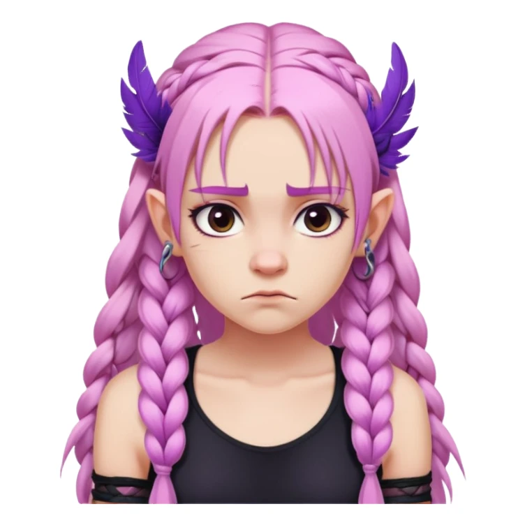 Long-pale-pastel-pink-hair with one braid on each side, grumpy expression, purple-pink feather-ear-cuffs in hair, black bodysuit sticker