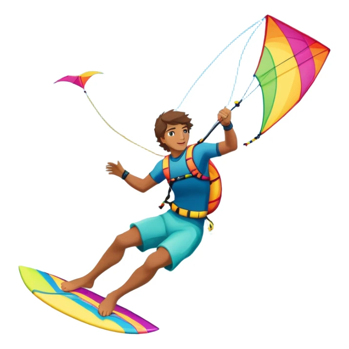 A professional kite surfer performing a high-flying trick on the waves, with a colorful kite soaring above. The background features a stunning landscape of rolling ocean waves, a bright sky, and distant mountains, emphasizing the skill and freedom of the sport. sticker