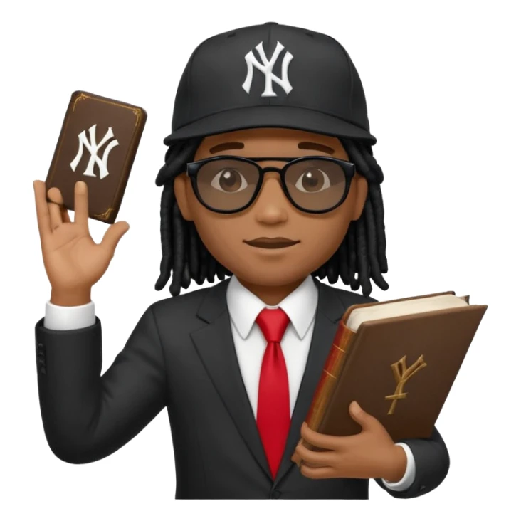African American man with shoulder length black dreadlocks wearing black sunglasses wearing a New York Yankees logo baseball cap wearing a black suit with white shirt and red tie with a Bible in right hand with left hand raise out standing behind a church pulpit sticker