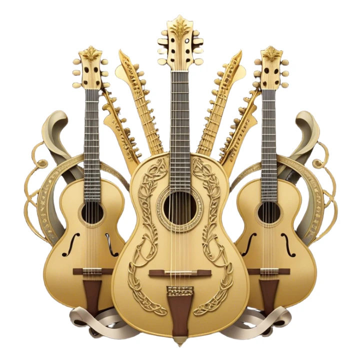 Create a complex, ceremonial, and professional emoji resembling a coat of arms, symbolizing plucked string instruments. The design should feature a combination of elements such as the necks and fretboards of various plucked string instruments like guitars, harps, and mandolins. The strings should be clearly visible, and the frets should be detailed. Intertwining with the instruments, there should be a flowing ribbon of musical notes, curving elegantly around the instruments and connecting them. The colors should include golden metallic tones, warm wood finishes, and silver accents to emphasize the professional and festive nature of the design. The background should be regal, using subtle textures or patterns to give a sense of grandeur, while keeping the instruments and notes as the focal point. The design should evoke a sense of celebration and sophistication, reflecting the rich tradition of plucked string instruments. sticker