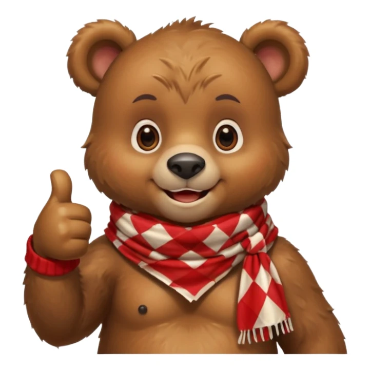 a cute bear smiling and giving thumbs up, wearing red Checkered Triangle scarf sticker
