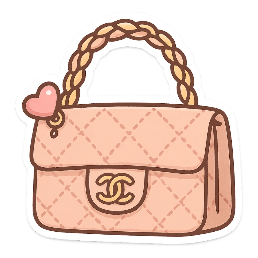 a cute and exaggerated chibi stickers style Chanel purse with a quilted pattern and heart charm sticker