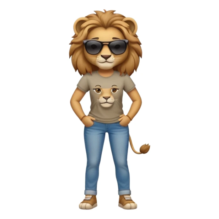 friendly anthropomorphised female lion character, full body, standing confidently with arms folded, wearing jeans, a t-shirt, and dark sunglasses, with a confident smile sticker